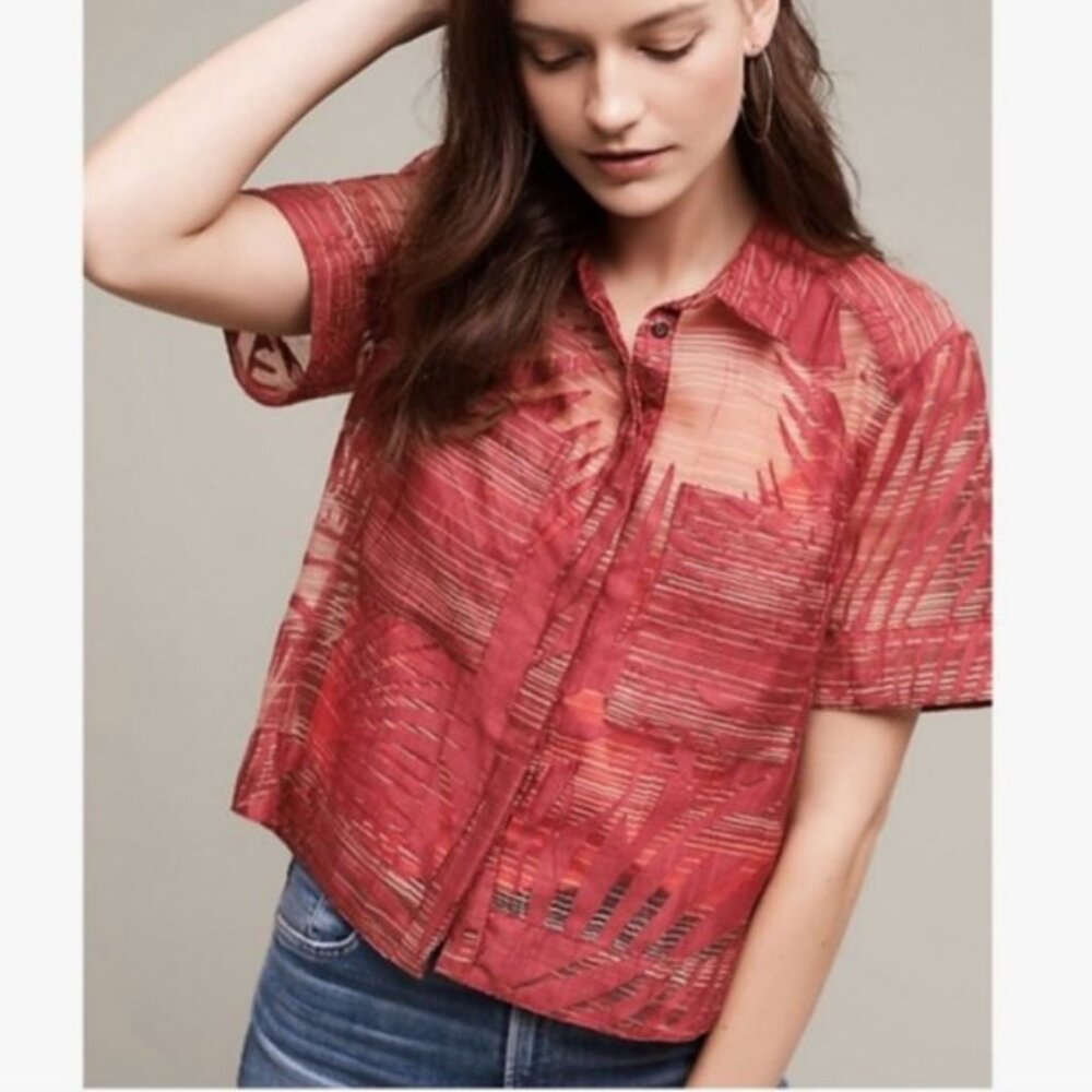 ⭐️Maeve Sun Palm Midi Sheer Vaca Vacation Hippie Boho Bohemian Button Blouse Top